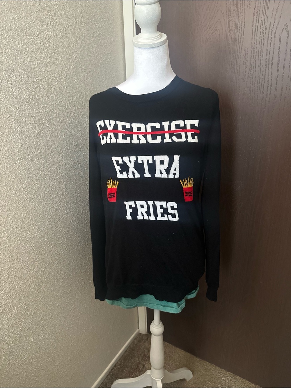 Ultra Flirt Black Crewneck Sweater with Playful Fry Graphic
